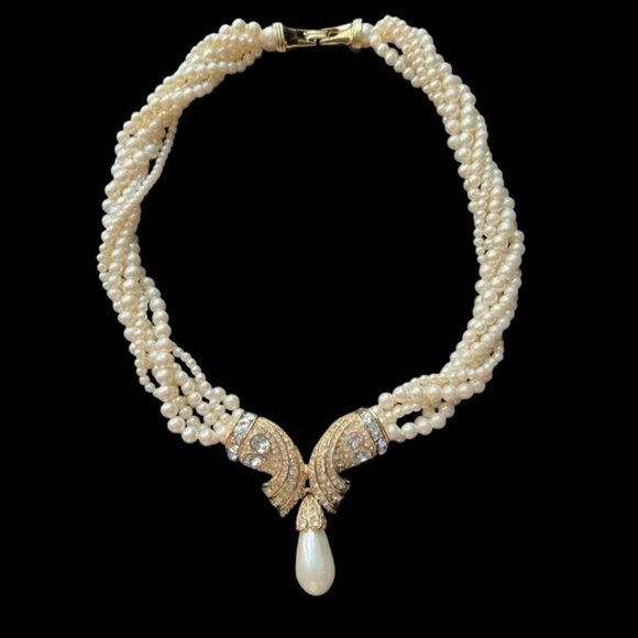 ✨Oscar de la Renta Signed Gorgeous Pearl and Crystal Necklace Choker - Picture 1 of 4